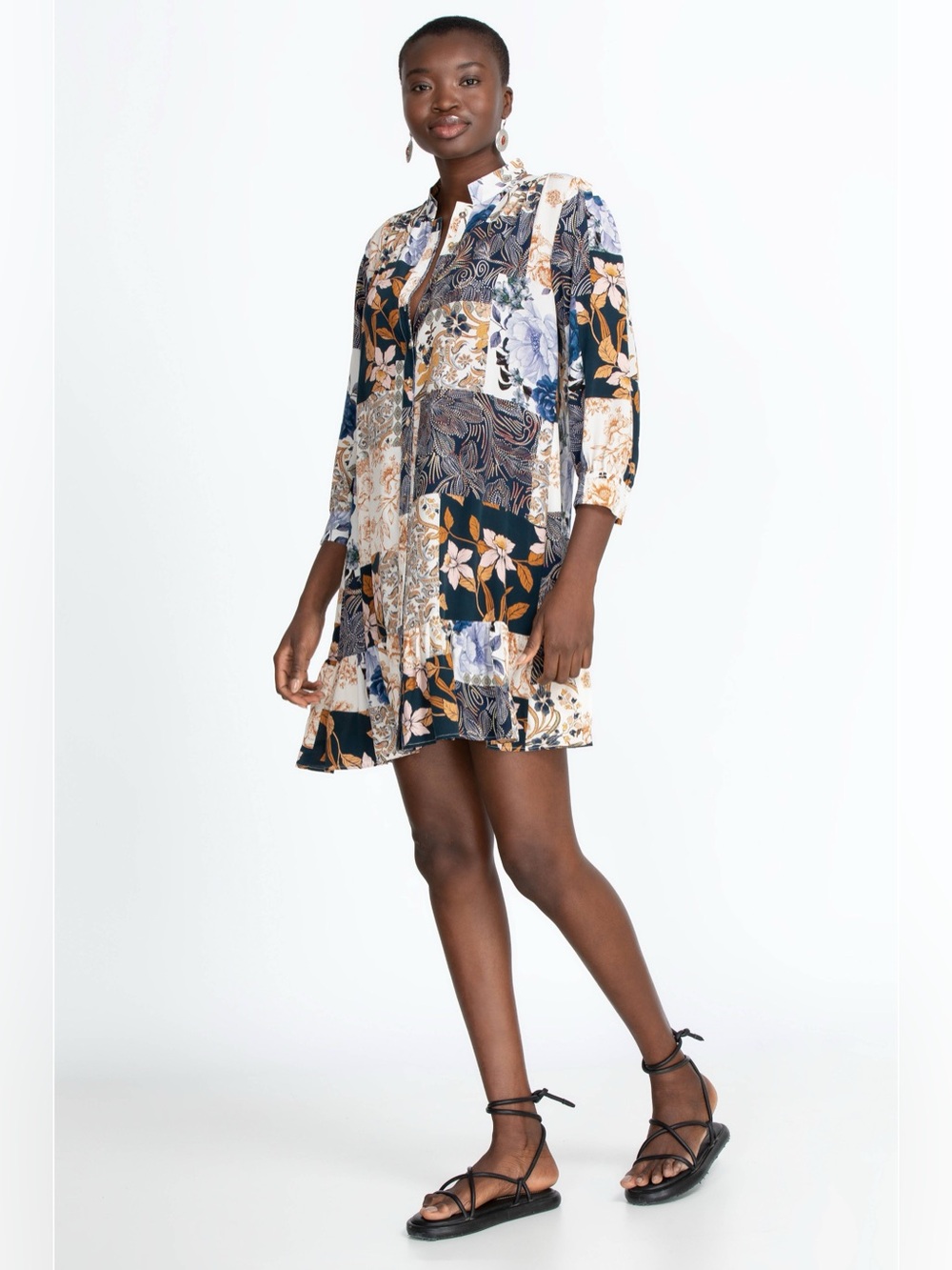 Johnny Was Luna Silk Mini Dress Patchwork Floral Button Front Size SM